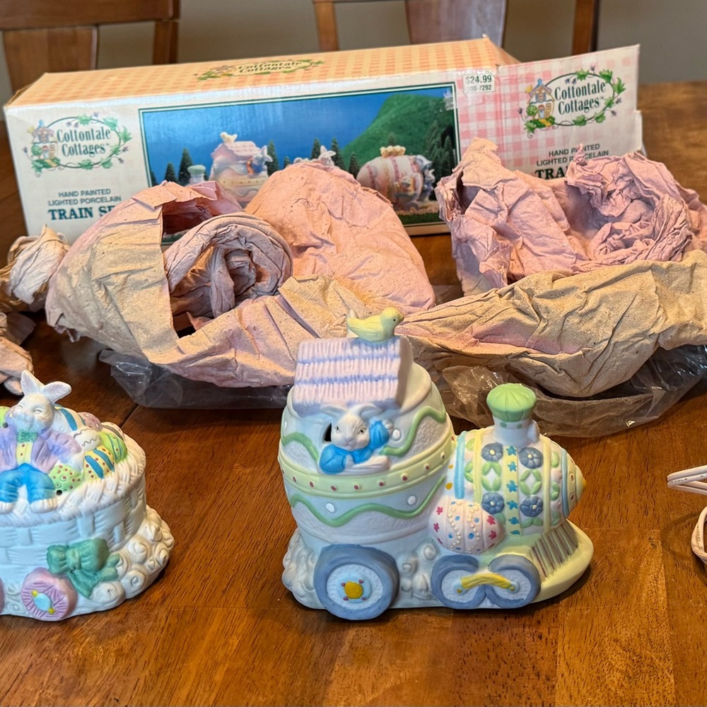 Easter Cottontale Cottages Hand Painted Porcelain 3 Piece Train Set Easter Decor